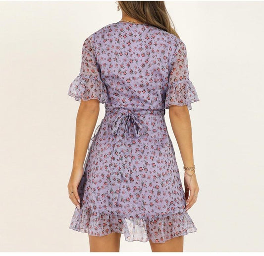 Women Lilac Floral Wrap Dress Summer Elegant Flare Sleeve Boho Print Mini Sundress Sexy V Neck Ladies Clothes