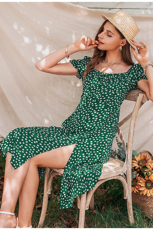 Vintage Party Dress Square Collar Ruffle Elegant Sexy Dress Beach Female Green Floral Print Mid Dresses