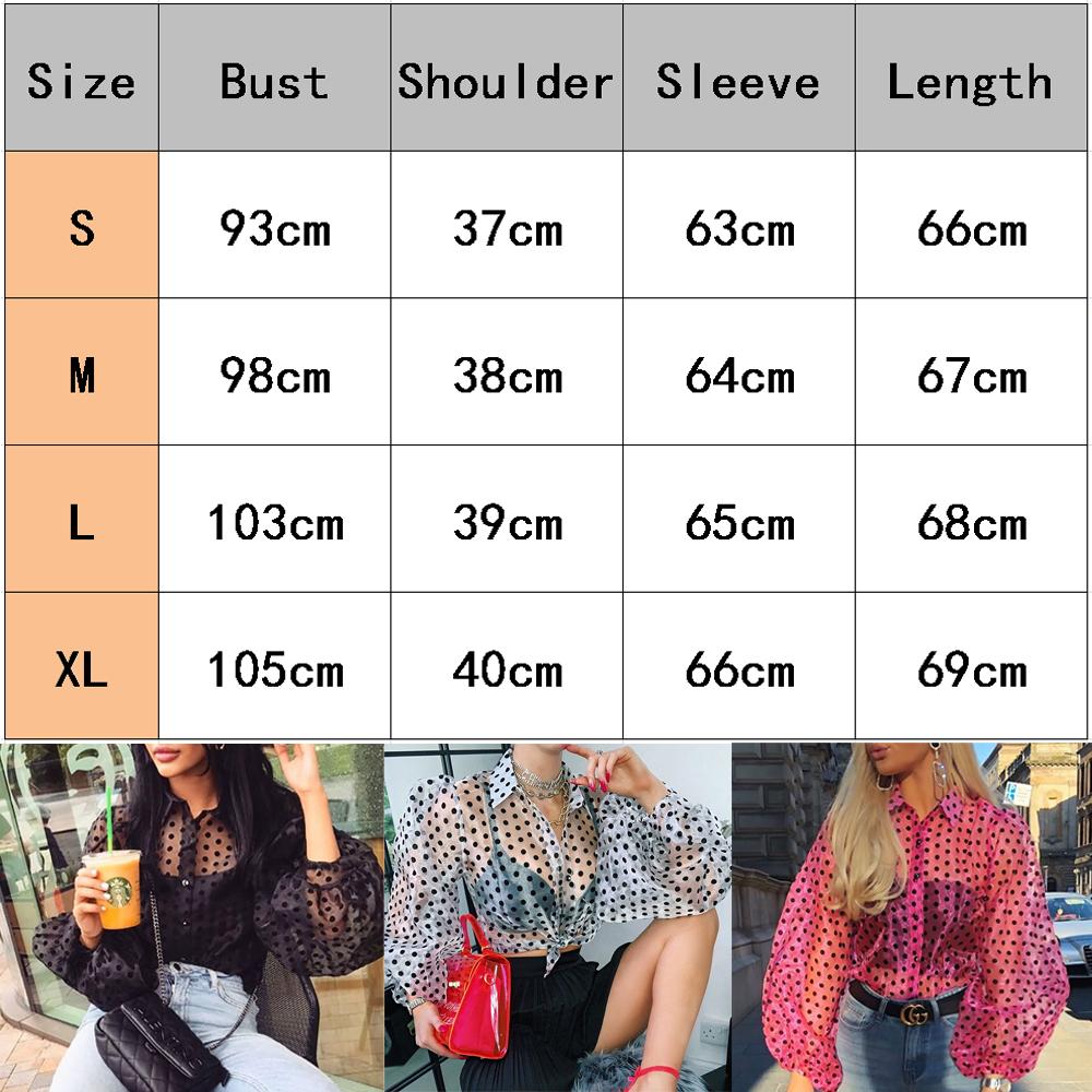 Women Mesh Sheer Blouse See-through Lantern Long Sleeve  Blouse Fashion Pearl Button Transparent White Shirt