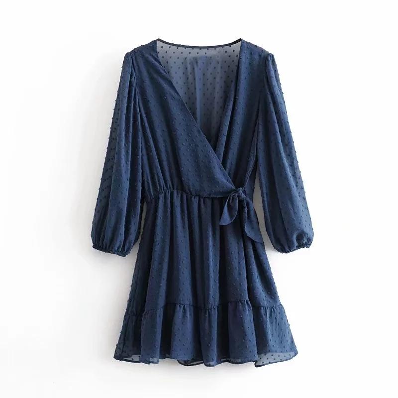 Summer Women Ruffles Lace Chiffon Dress Boho Mini Beach Dress Three Quarter Sleeve Ladies Party Dresses