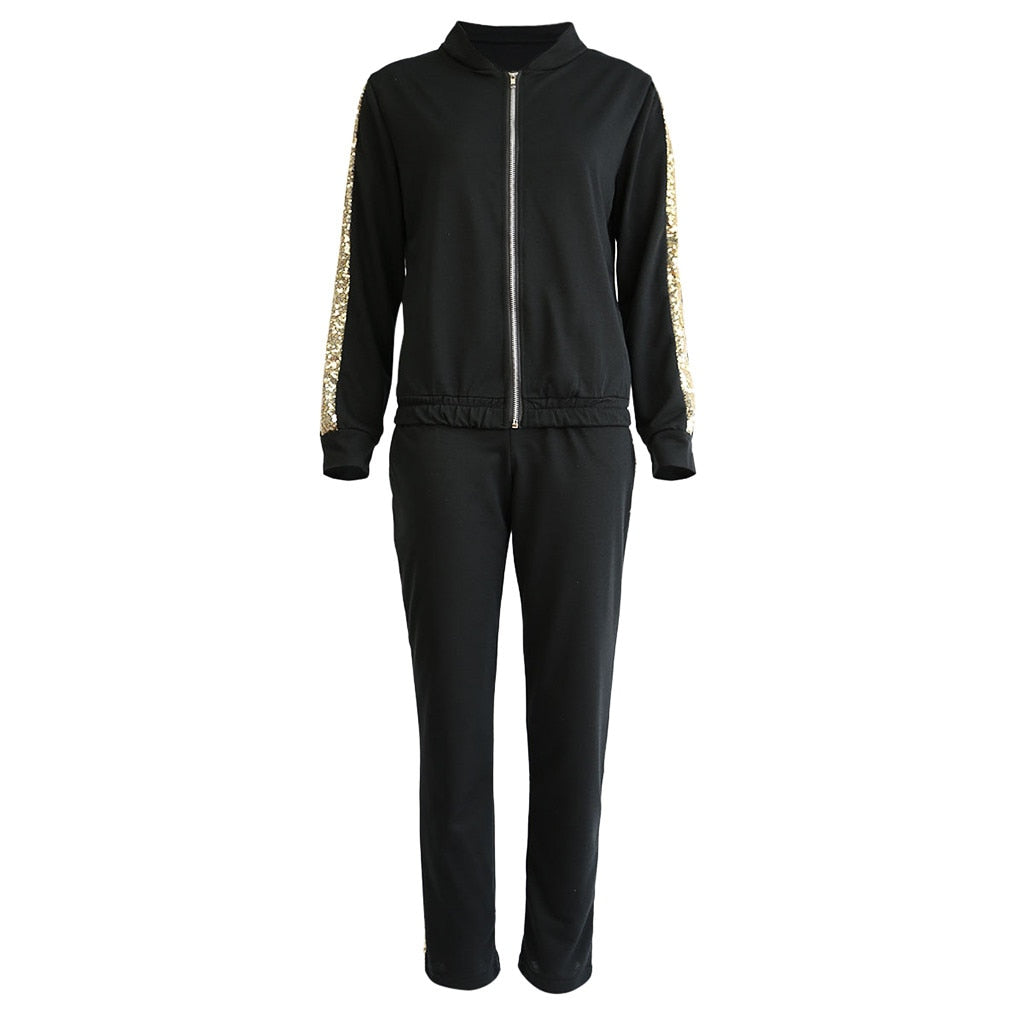 Women'S Tracksuit Two Piece Set Sports Suits Autumn New Fashion Casual Sequins Stitching Jacket Trousers Sports Suit