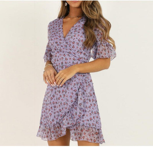 Women Lilac Floral Wrap Dress Summer Elegant Flare Sleeve Boho Print Mini Sundress Sexy V Neck Ladies Clothes