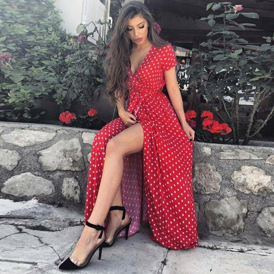 Boho Polka Dot Long Dresses Women Split Short Sleeve Summer Casual Dress Streetwear Maxi Dress