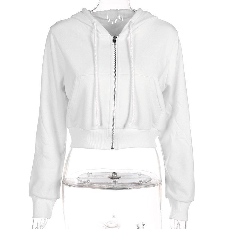 Zip-Up Autumn Winter Women Hoodies Pockets Slim Crop Jacket Female Clothes Drawstring White Sexy Hoody Cotton Coats