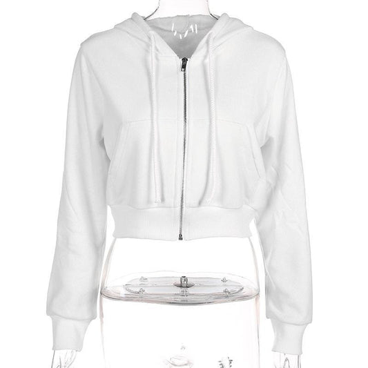 Zip-Up Autumn Winter Women Hoodies Pockets Slim Crop Jacket Female Clothes Drawstring White Sexy Hoody Cotton Coats