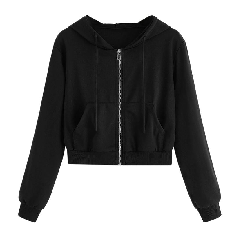 Zip-Up Autumn Winter Women Hoodies Pockets Slim Crop Jacket Female Clothes Drawstring White Sexy Hoody Cotton Coats