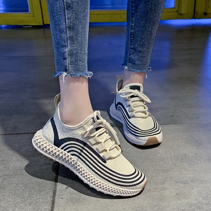 Lace Up Stripes Stretch Fabric Sneakers