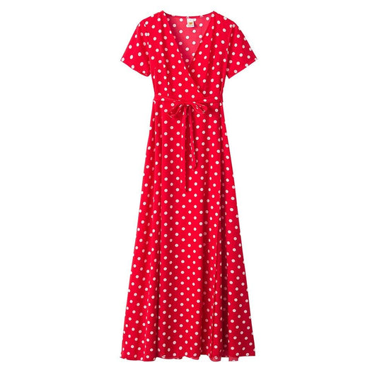 Boho Polka Dot Long Dresses Women Split Short Sleeve Summer Casual Dress Streetwear Maxi Dress