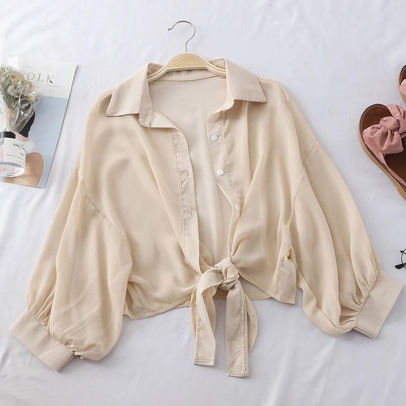 Chiffon Shirts Women Summer Half Sleeve Buttoned Up Shirt Loose Casual Blouse Tied Waist Elegant Blouses For Women