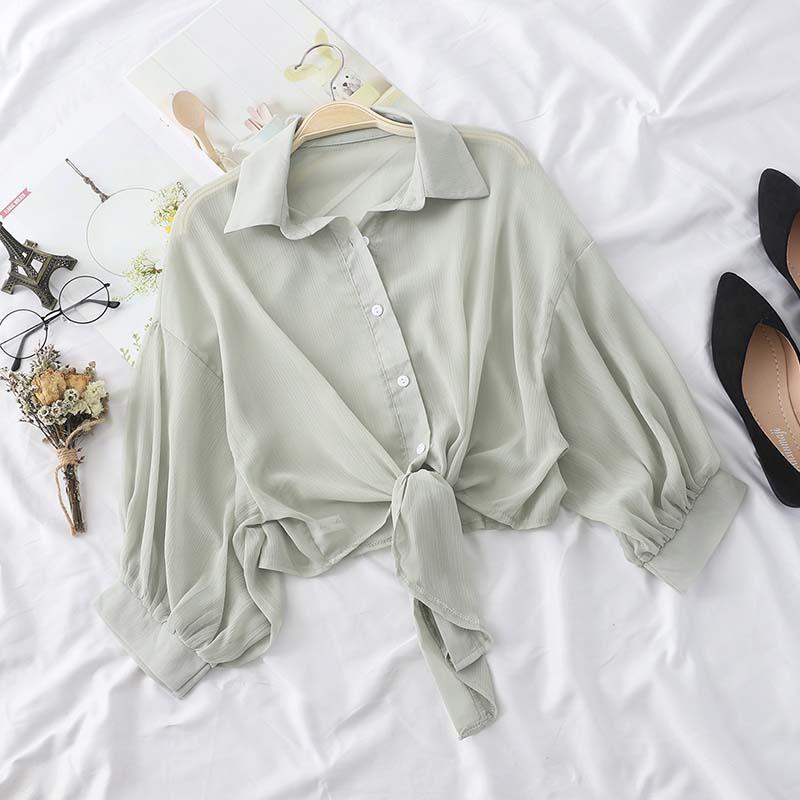 Chiffon Shirts Women Summer Half Sleeve Buttoned Up Shirt Loose Casual Blouse Tied Waist Elegant Blouses For Women