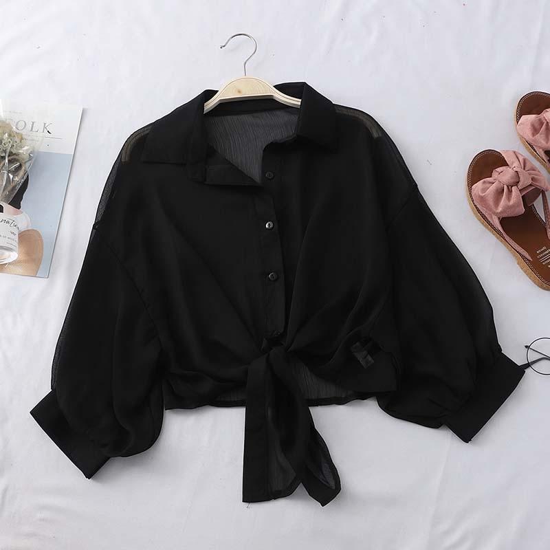 Chiffon Shirts Women Summer Half Sleeve Buttoned Up Shirt Loose Casual Blouse Tied Waist Elegant Blouses For Women