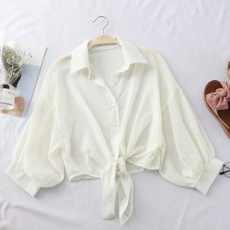 Chiffon Shirts Women Summer Half Sleeve Buttoned Up Shirt Loose Casual Blouse Tied Waist Elegant Blouses For Women