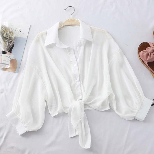 Chiffon Shirts Women Summer Half Sleeve Buttoned Up Shirt Loose Casual Blouse Tied Waist Elegant Blouses For Women