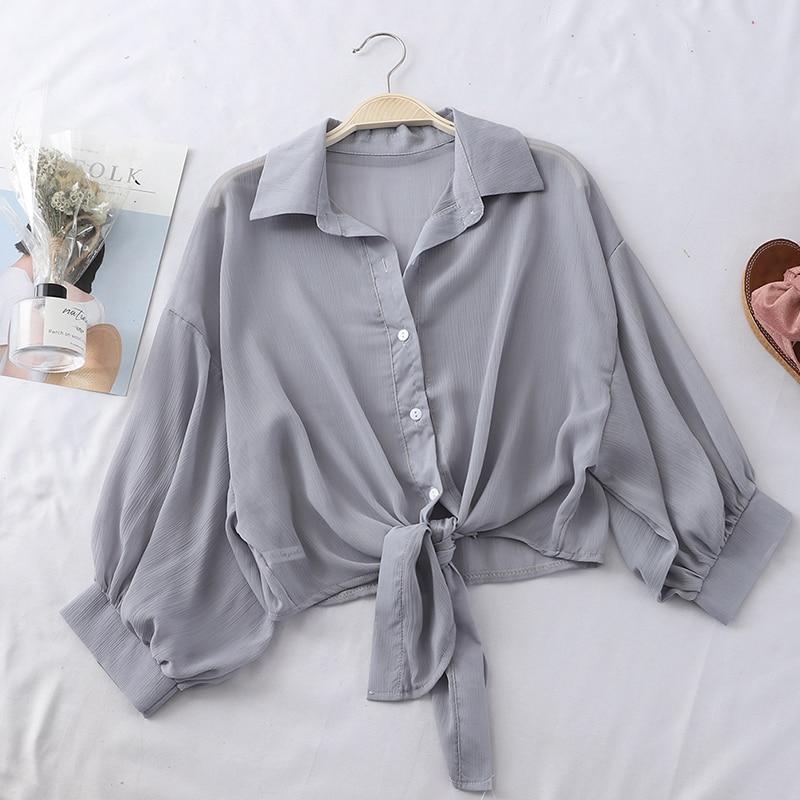 Chiffon Shirts Women Summer Half Sleeve Buttoned Up Shirt Loose Casual Blouse Tied Waist Elegant Blouses For Women