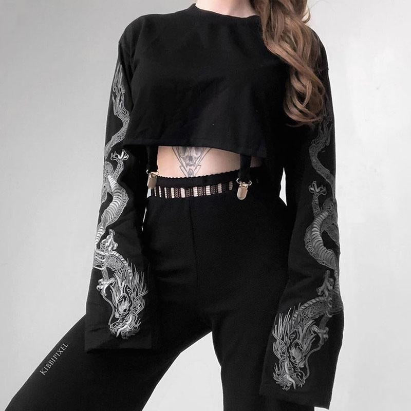 Women Dragon Print Hoodies Fashion Casual Female Loose Short Top Pullover Sweatshirts Streetwear New Autumn Outfit
