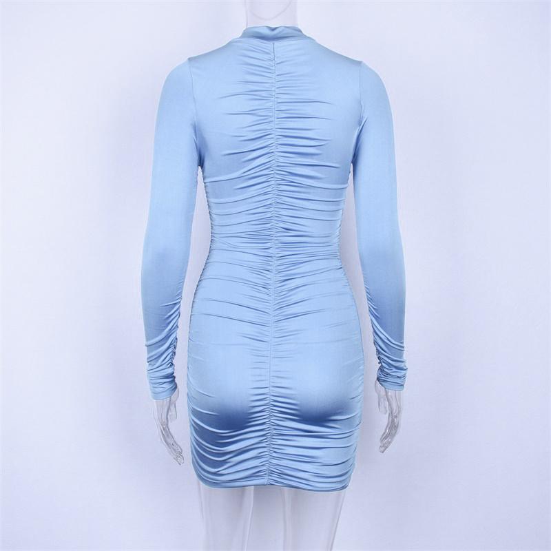 Satin Long Sleeve High Neck High Waist Bodycon Sexy Mini Dress Fashion Party Elegant Clothes