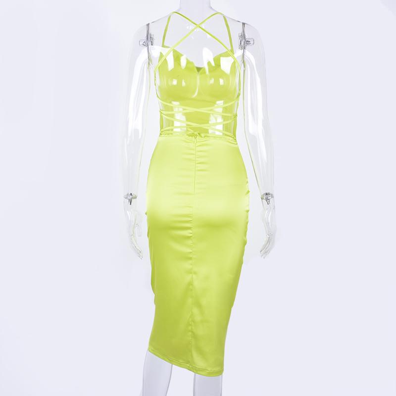 Neon Satin Lace Up Summer Women Bodycon Long Midi Dress Sleeveless Backless Elegant Party Outfits Sexy Club Clothes