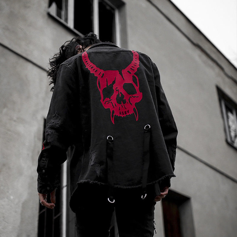 Harajuku Gothic Demon Hunter Skull Black Denim Jacket Men Rock Punk Heavy Metal Sweatshirt Sudadera Suspenders Hole Streetwear