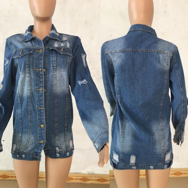 Women's Basic Coat Holes Baggy Denim Jacket Long Sleeve Loose Street Style Outwear