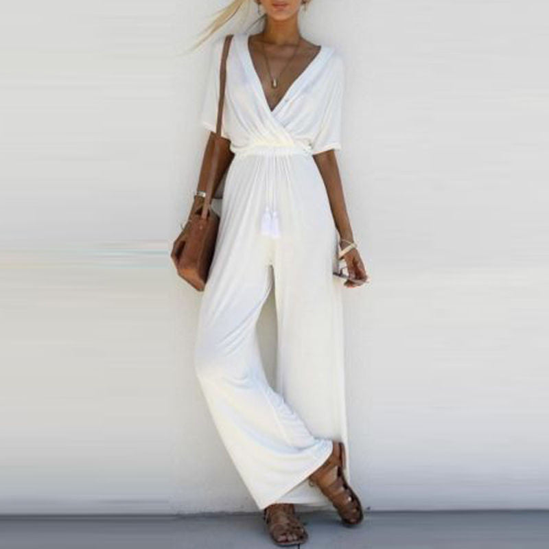 Wide Leg Plain V Neck Short Sleeve Jumpsuits