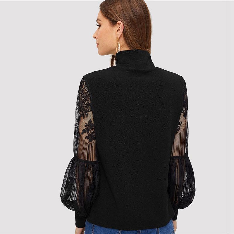 Women High Neck Lace Lantern Sleeve Top Fashion Mesh Blouse Women's Long Sleeve Pattern Printing Ladies Tops