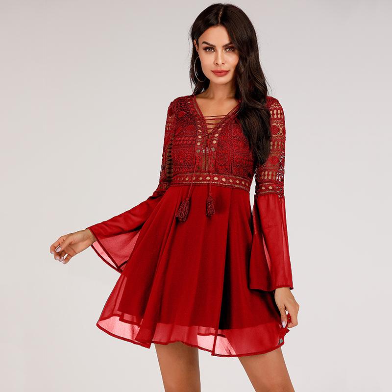 Hollow Out White Dress Sexy Women Mini Chiffon Dress Criss Cross Plunge V-Neck Long Sleeve Crochet Lace Dress