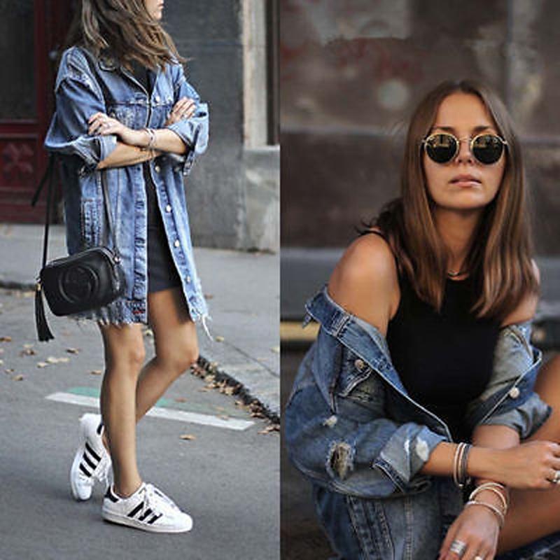 Women's Basic Coat Holes Baggy Denim Jacket Long Sleeve Loose Street Style Outwear