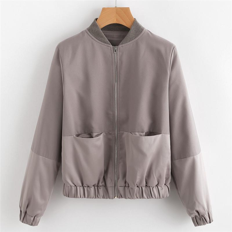 Womens Autumn Casual Jackets Ladies Color Block Pocket Zipper Front Stand Collar Long Sleeve Basic Jacket Coat Outwear