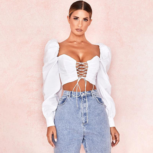 Women Summer Cotton Bandage Blouse Big Long Slush Lantern Sleeve Adjustable Lace Up Strap Crop Top