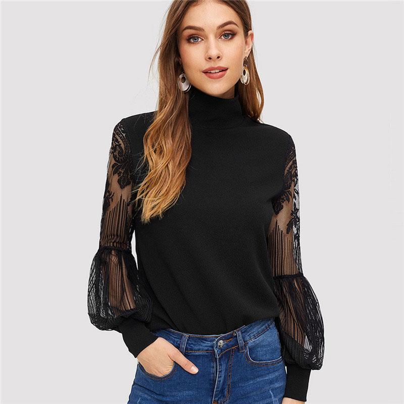 Women High Neck Lace Lantern Sleeve Top Fashion Mesh Blouse Women's Long Sleeve Pattern Printing Ladies Tops