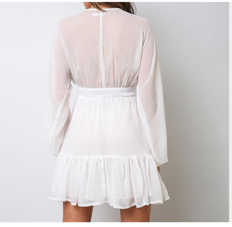 Sexy Plunge V Neck Women'S Spring Summer Dress Lace Long Sleeve Mini Party Dress Ruffle Elegant Clothing