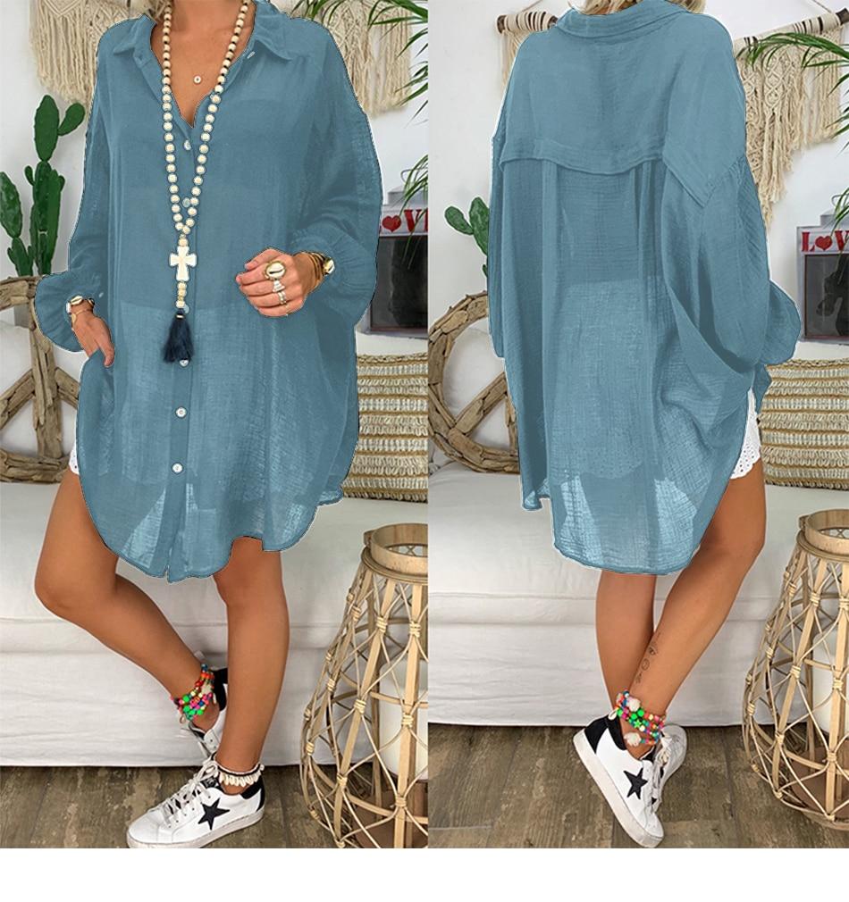 Linen Womens Tops And Blouses Plus Size Long Sleeve Turn Down Collar Female Tunic Beach Style Thin Women Summer Blouse