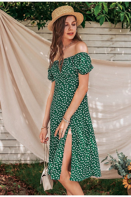 Vintage Party Dress Square Collar Ruffle Elegant Sexy Dress Beach Female Green Floral Print Mid Dresses