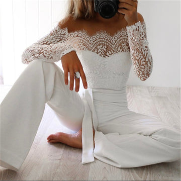 Off Shoulder Lace High Waist Wide Jumpsuits