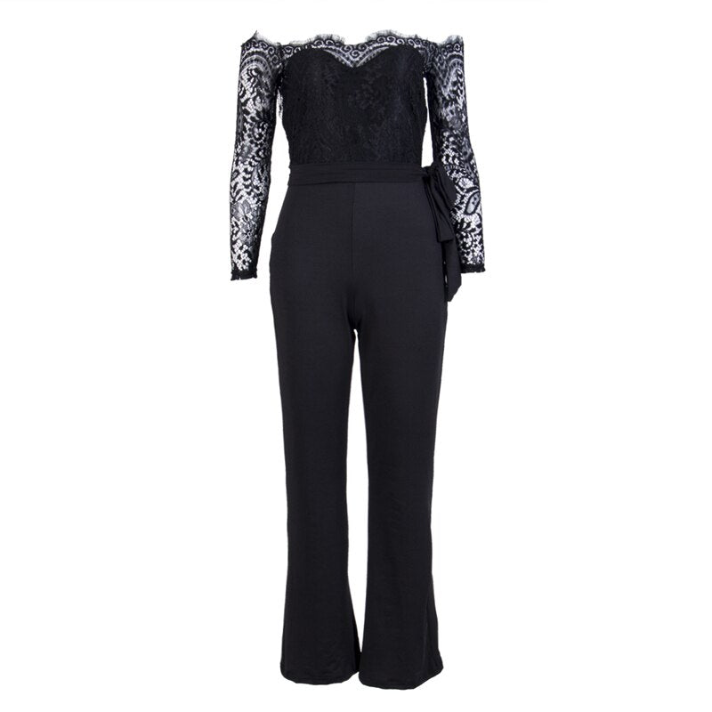 Off Shoulder Lace High Waist Wide Jumpsuits