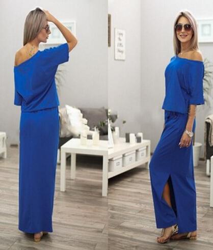 Boho Maxi Dress Sexy Summer Short Sleeve Side Slit Loose Party Long Beach Dress With Pocket