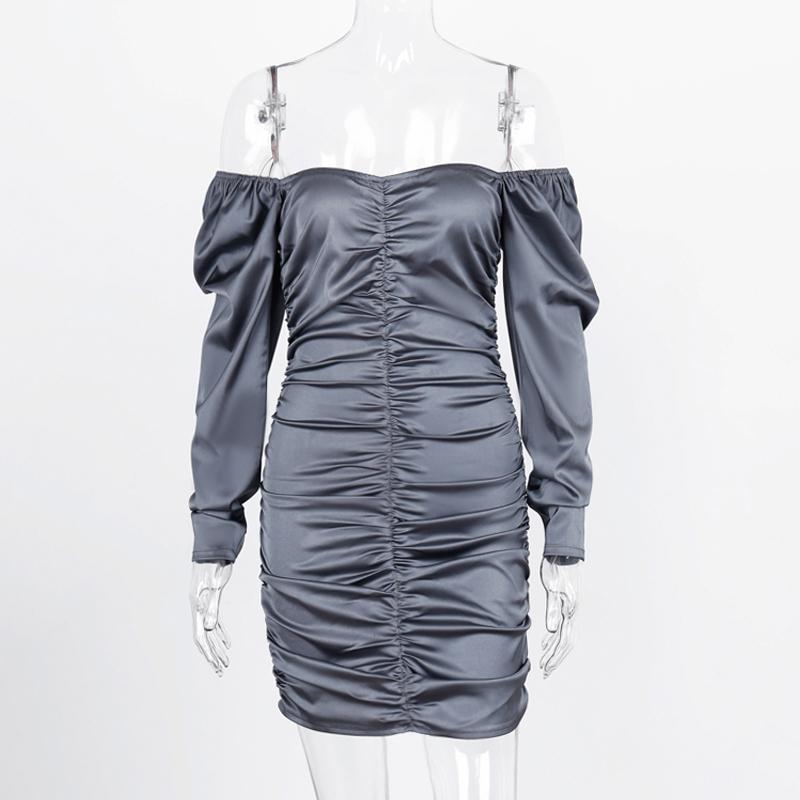 Long Puff Sleeve Slash Neck Satin Pleated Sexy Mini Dress Women Solid Party Elegant Streetwear