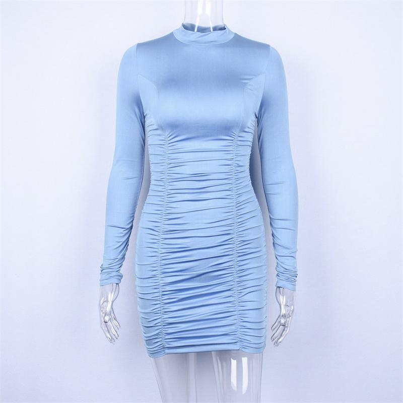 Satin Long Sleeve High Neck High Waist Bodycon Sexy Mini Dress Fashion Party Elegant Clothes