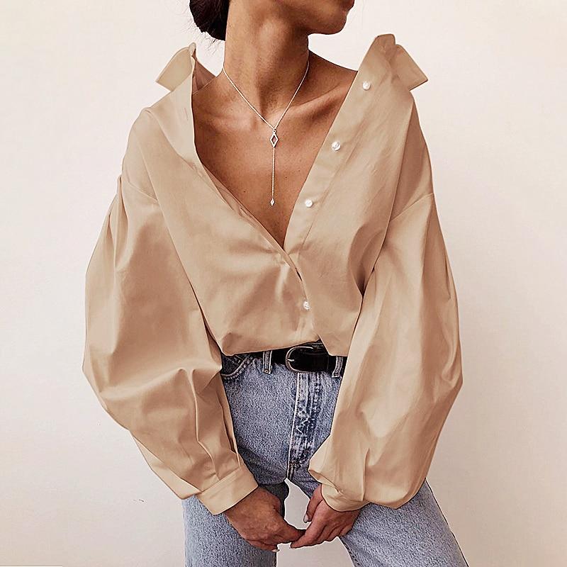 Lantern Sleeve Elegant Shirt White Black Sexy Button Vintage Blouse Turn Down Collar Office Ladies Shirt