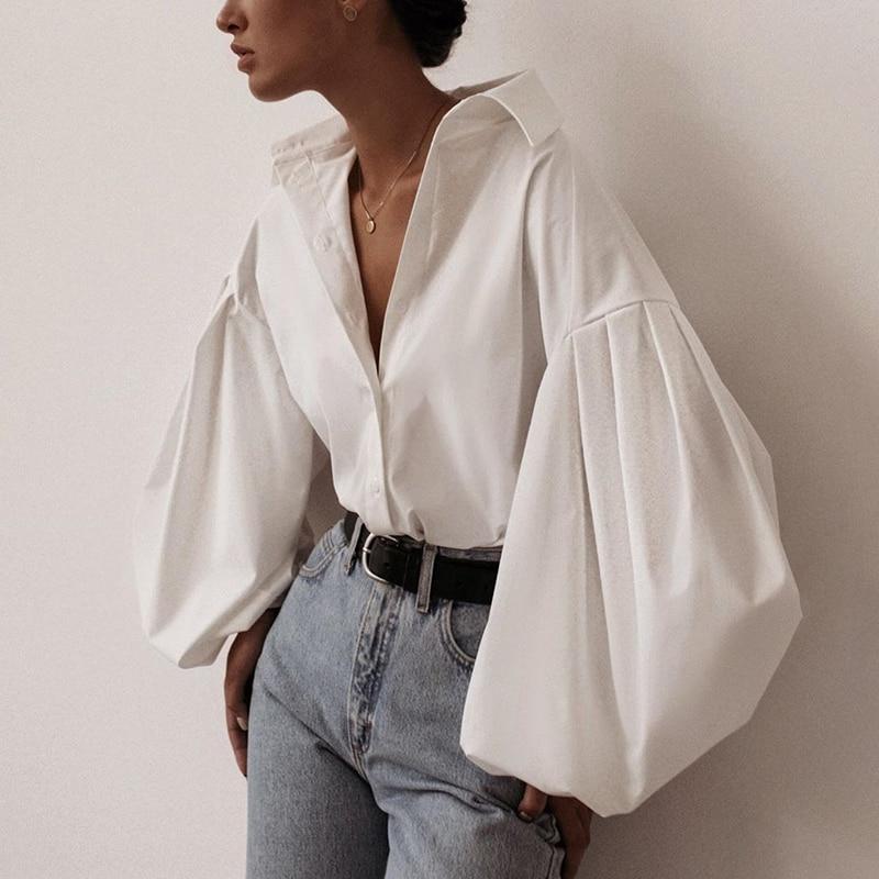 Lantern Sleeve Elegant Shirt White Black Sexy Button Vintage Blouse Turn Down Collar Office Ladies Shirt
