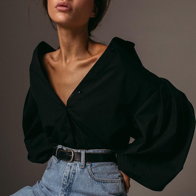 Lantern Sleeve Elegant Shirt White Black Sexy Button Vintage Blouse Turn Down Collar Office Ladies Shirt