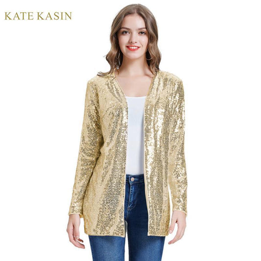 Women Sparkle Sequin Coat Jacket Stunning Open Front Long Sleeve Cardigan Outwear Fashion Sequins Streetwear