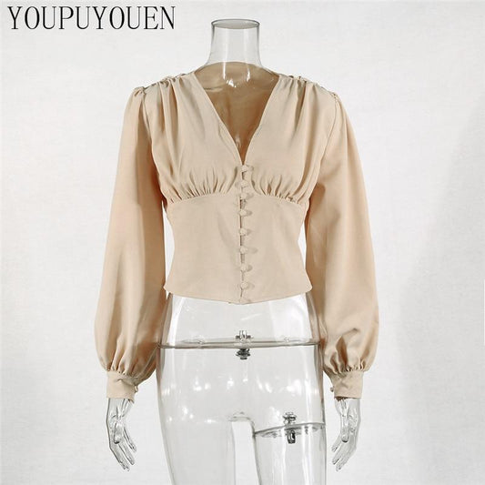 Ladies Elegant Blouse Lantern Long Sleeve Tops Summer V Neck Crop Top Fashion Shirts Women Button Down Blouses New Clothing