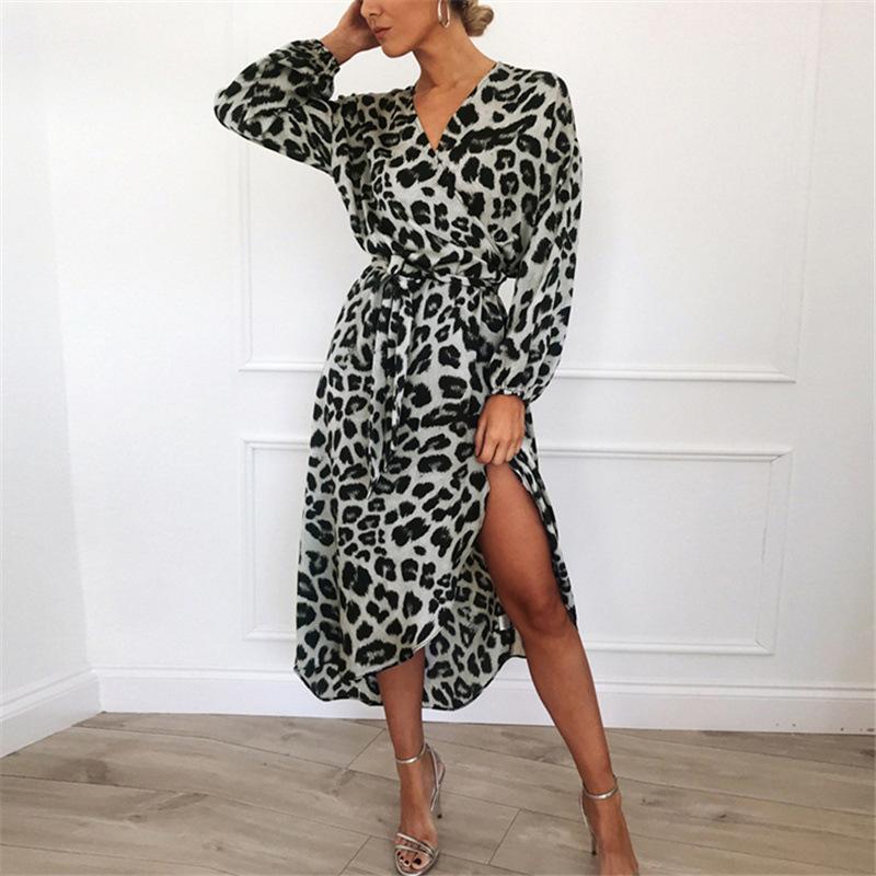 Leopard Dress Women Chiffon Long Beach Dress Loose Long Sleeve Deep V-Neck A-Line Sexy Party Dress