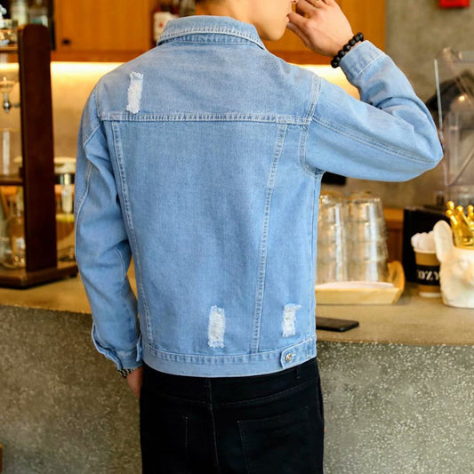 Men's Denim Jacket Hip Hop Retro Denim Jacket Street Casual Pilot Harajuku Fashion Hole Slim Buttoned Sky Blue Men's Jacket