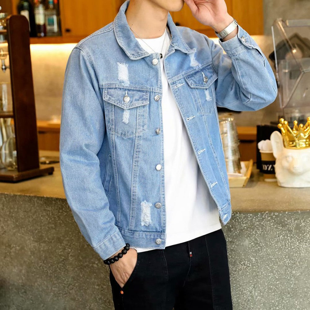 Men's Denim Jacket Hip Hop Retro Denim Jacket Street Casual Pilot Harajuku Fashion Hole Slim Buttoned Sky Blue Men's Jacket