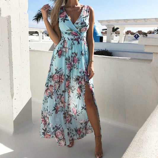 Women V Neck Split Dress Floral Print Long  Summer Spaghetti Strap Party Pink Chiffon Elegant Casual Maxi Dresses Beach