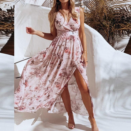 Women V Neck Split Dress Floral Print Long  Summer Spaghetti Strap Party Pink Chiffon Elegant Casual Maxi Dresses Beach