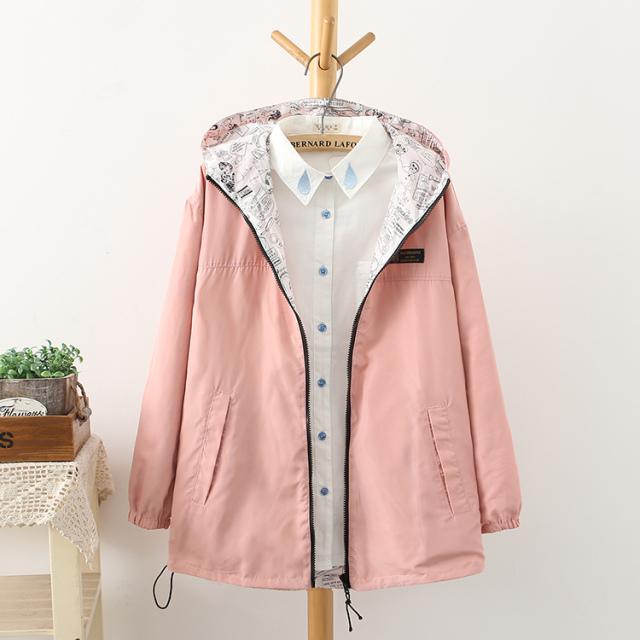 Spring Fashion Women Bomber Women Jacket Pocket Zipper Hooded Two Side Wear Cartoon Print Outwear