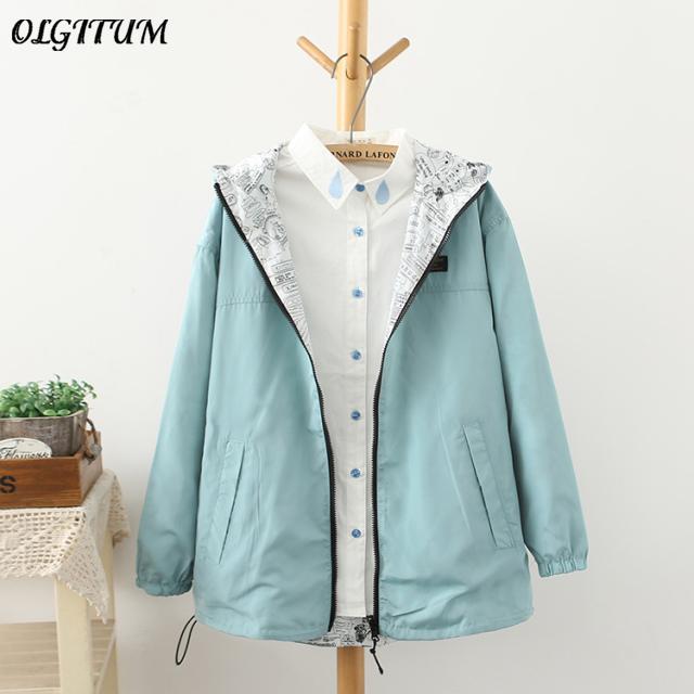 Spring Fashion Women Bomber Women Jacket Pocket Zipper Hooded Two Side Wear Cartoon Print Outwear